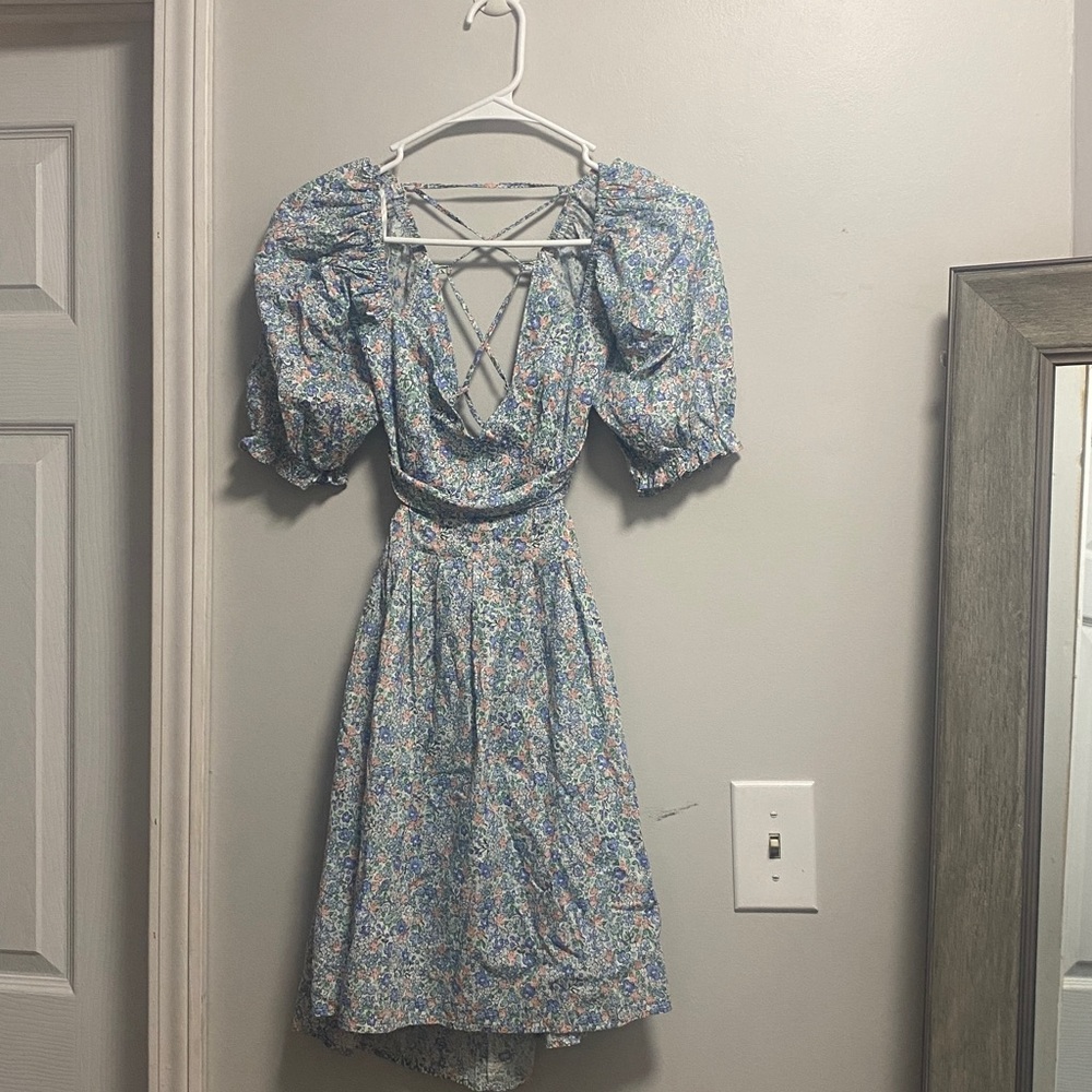 Floral Puff Sleeve Dress with Crisscross Back